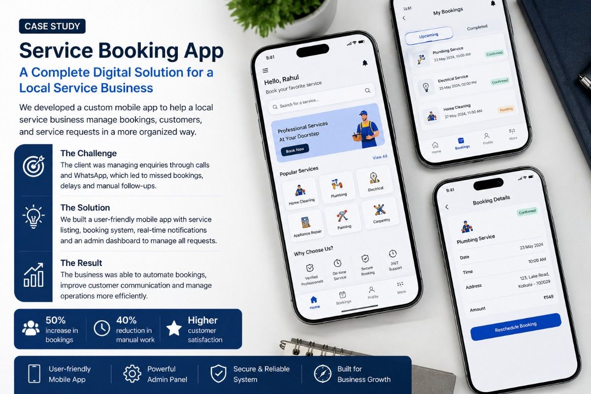Service booking mobile app case study showing UI design and features developed by app developers in Kolkata