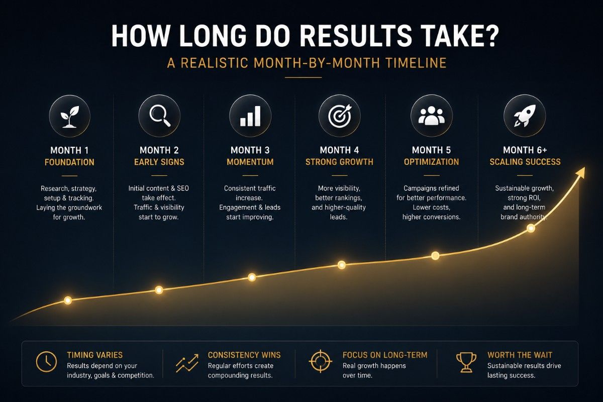 Digital marketing results timeline infographic