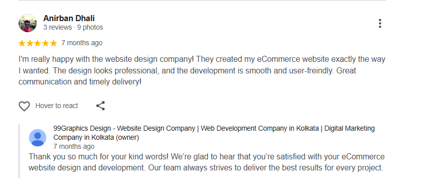 Google review for 99Graphics Design’s eCommerce website design and development service.