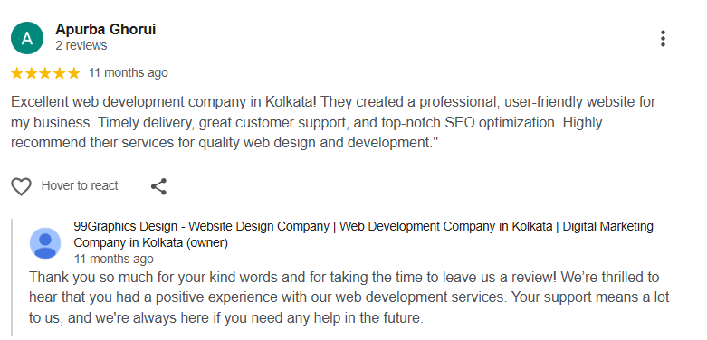 Google review for 99Graphics Design’s web development and SEO service in Kolkata.