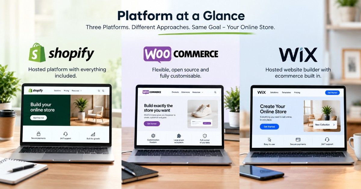 Three ecommerce platforms compared by hosting, customization, maintenance, and online store features.